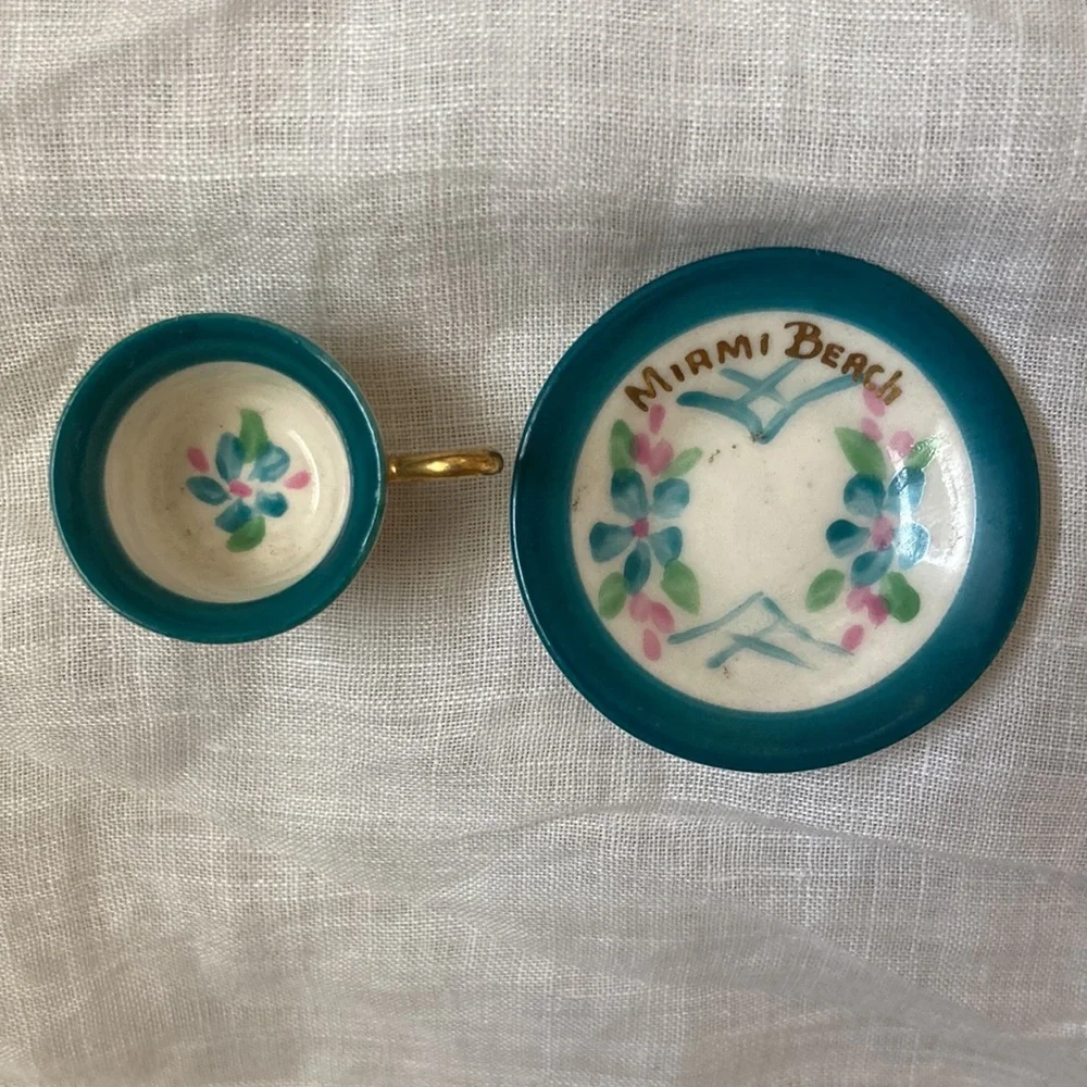 Vintage tiny cup and saucer, souvenir of Miami Beach, Rose Crown bone China